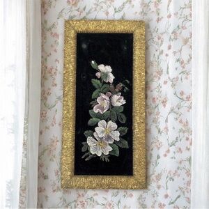 Vintage Floral Painting on Black Velvet Gold Frame 6 X 13 Cottagecore Original